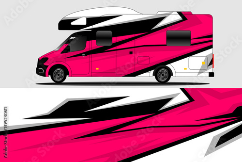 Vibrant pink and black camper van showcasing modern design against a neutral background