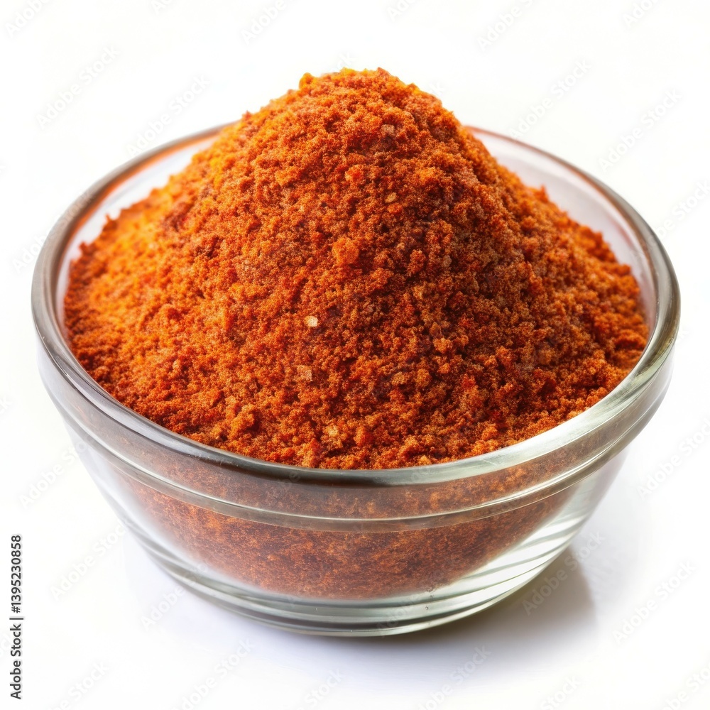 Vibrant red chili powder in a glass bowl bright close up shot Vibrant red chili powder in a glass bowl bright close up shot