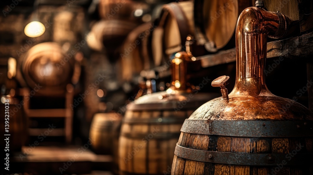 copper still in whiskey distillery warehouse