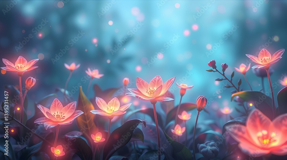 Fototapeta premium Luminescent Pink Flowers in Mystical Blue Twilight