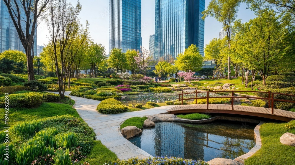 Urban oasis with modern skyscrapers and serene garden. Lush green landscaping, pathways, and a tranquil pond create a peaceful escape amidst towering city structures