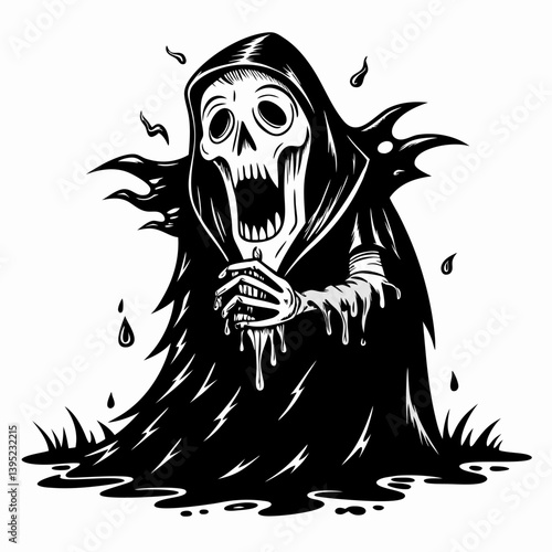 Spooky Skeleton in Hooded Cloak Rising from Ground in Gothic Art Style
