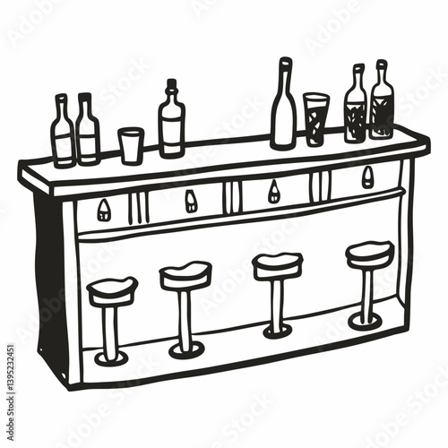 Hand Drawn Bar Counter with Bottles and Stools  Illustration