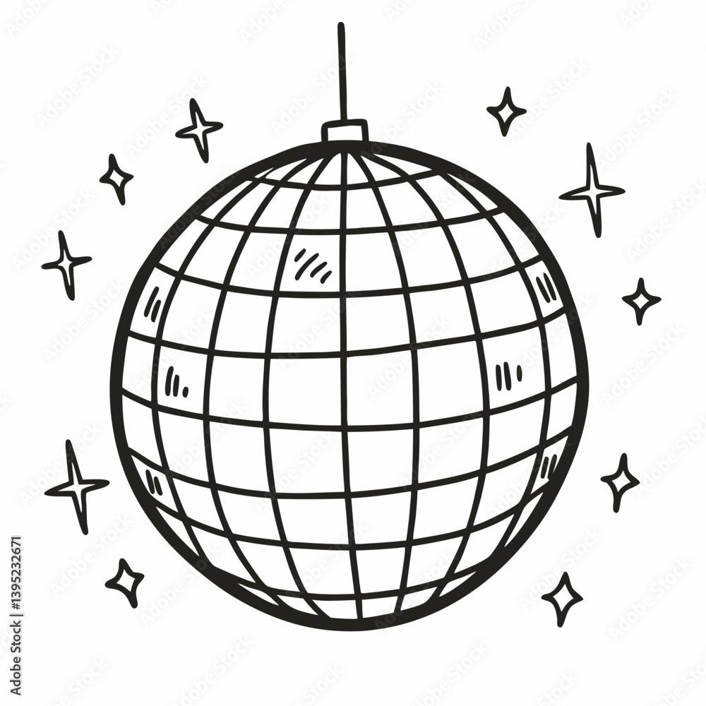 Retro Disco Ball with Sparkles Hand Drawn Illustration for Party Designs Retro Disco Ball with Sparkles Hand Drawn Illustration for Party Designs