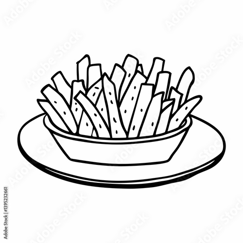 Hand Drawn French Fries  Illustration in Bowl on Plate, Outline Style for Food Design