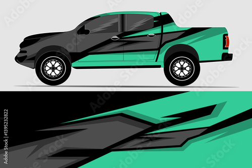 Stylishly designed pickup truck with a dynamic teal and black graphic wrap, showcased on a minimalist background
