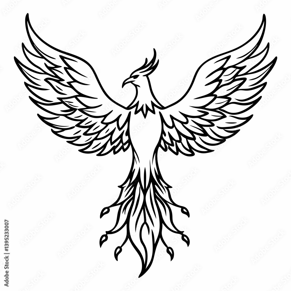 Fototapeta premium Intricate Phoenix Line Art Illustration for Tattoo Designs and Mythical Themes