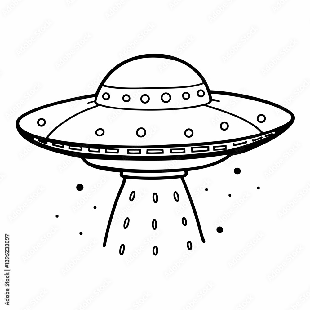 Hand Drawn UFO Spacecraft Illustration with Alien Elements and Cosmic Details Hand Drawn UFO Spacecraft Illustration with Alien Elements and Cosmic Details