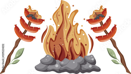 icon of fried sausages on an open fire on a wooden stick with green leaves and a bright hearth with gray stones around it