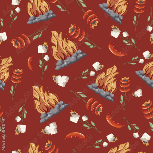 seamless pattern with an icon of roasted marshmallows and sausages on an open fire on a wooden stick with green leaves and a bright hearth with gray stones around it on a red background