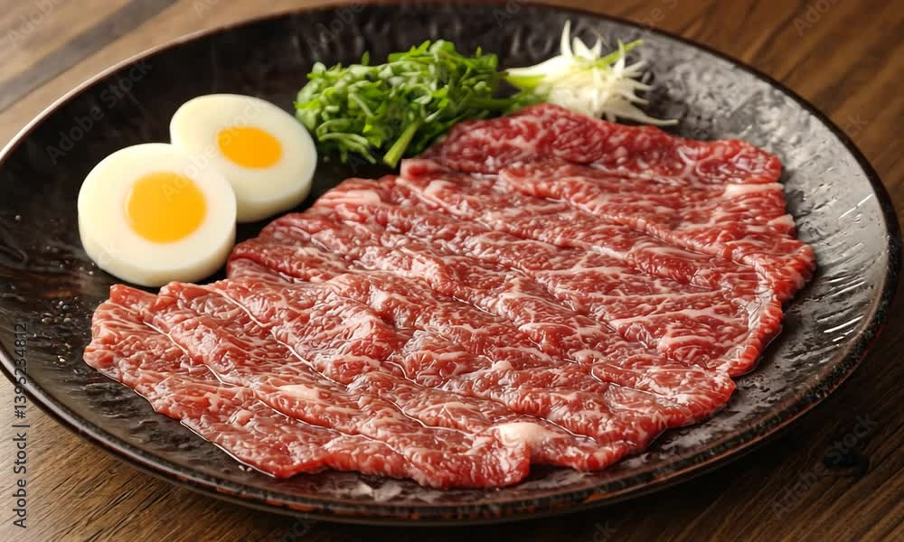 Freshly sliced marbled beef served on a black plate with garnish and soft-boiled eggs in a cozy setting Freshly sliced marbled beef served on a black plate with garnish and soft-boiled eggs in a cozy setting