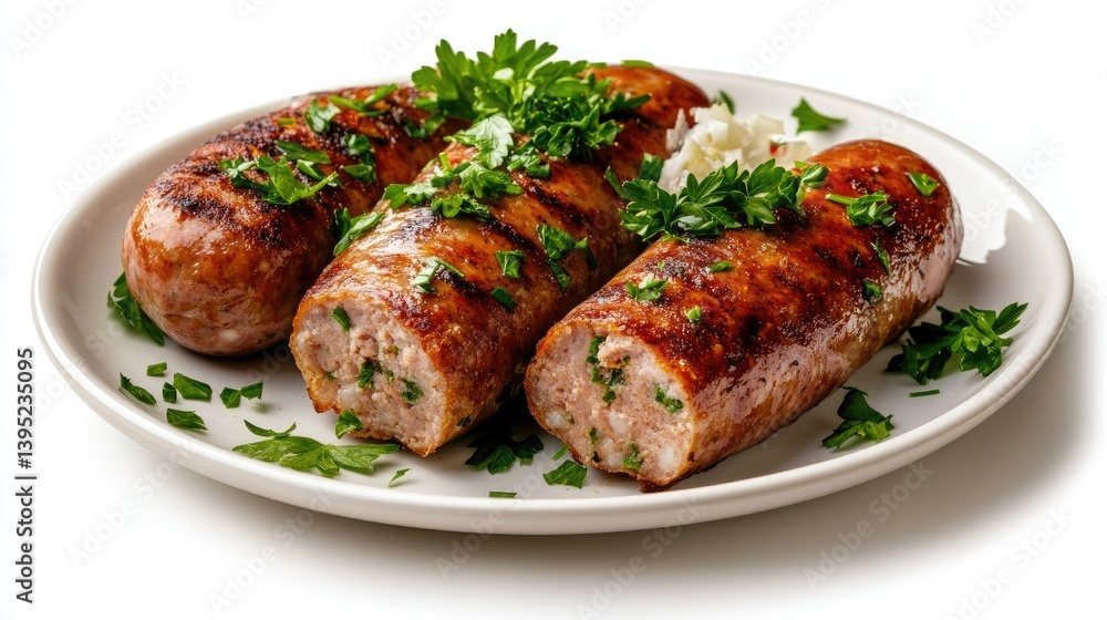 Grilled Sausages with Fresh Herbs on a White Plate for Dinner Grilled Sausages with Fresh Herbs on a White Plate for Dinner