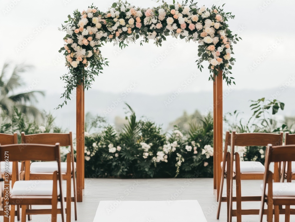 Fototapeta premium Elegant floral wedding arch with chairs at outdoor ceremony