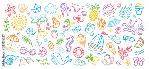 Kid summer beach crayon background. Doodle sea bg. Cute hand drawn sketch flower, sun, cloud, wave, palm, whale, beach umbrella, boat icon. Line crayon vector element. Summer kid color pencil drawing