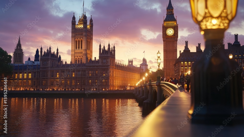 Obraz premium Beautiful Sunset Over London with Big Ben and Historic Architecture