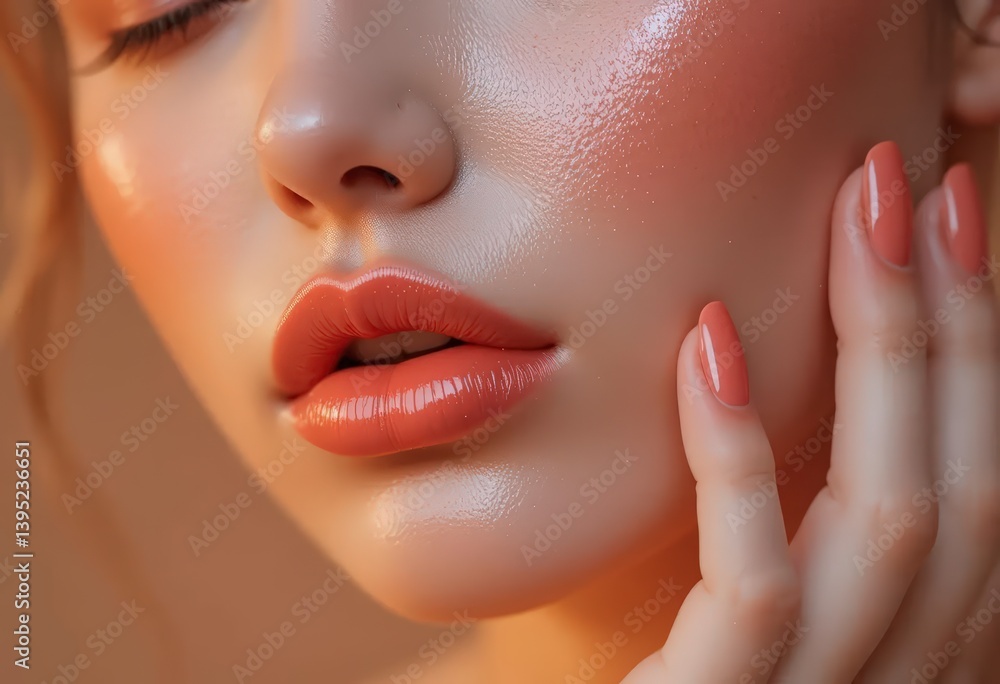 Naklejka premium Woman's Face with Glossy Lips and Hand Touching Skin Close-up