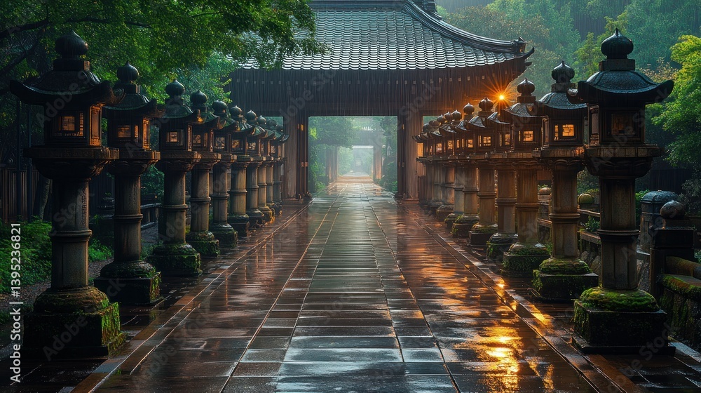 Fototapeta premium Misty Japanese temple path with lanterns