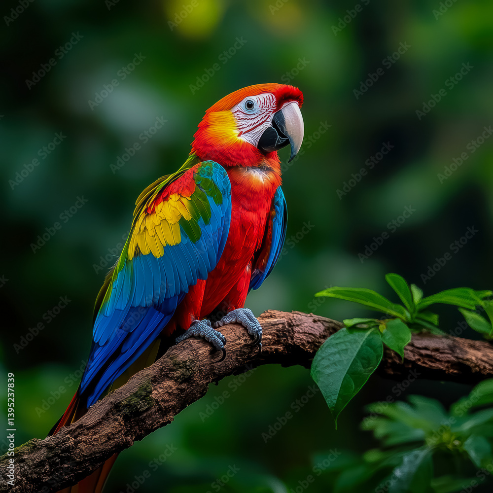 Obraz premium [Tropical parrot perched on branch] Vibrant Tropical Parrot Perched in Lush Greenery Surroundings