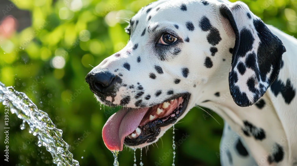 A Dalmatian drinking from a garden hose, water dripping from its tongue. A Dalmatian drinking from a garden hose, water dripping from its tongue.