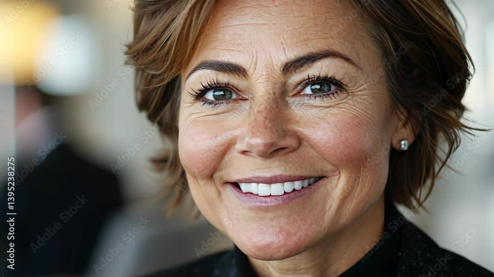 Close-up portrait of a cheerful mature adult woman with short brown hair smiling, showing wrinkles and healthy teeth indoors. Close-up portrait of a cheerful mature adult woman with short brown hair smiling, showing wrinkles and healthy teeth indoors.