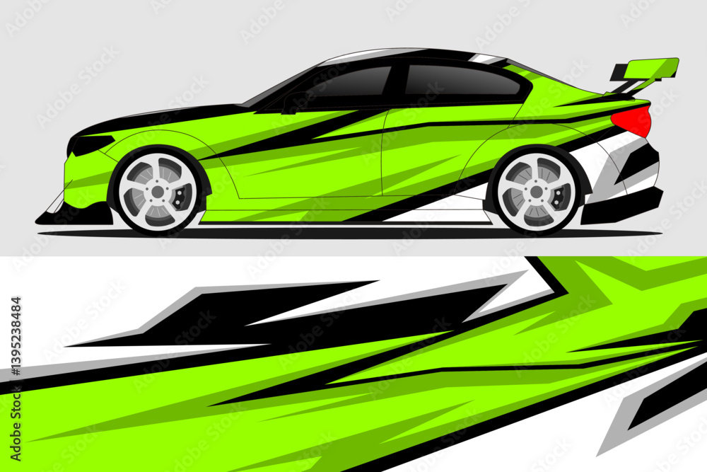 Sleek green sports car design featuring dynamic graphics, showcased against a minimalist background Sleek green sports car design featuring dynamic graphics, showcased against a minimalist background