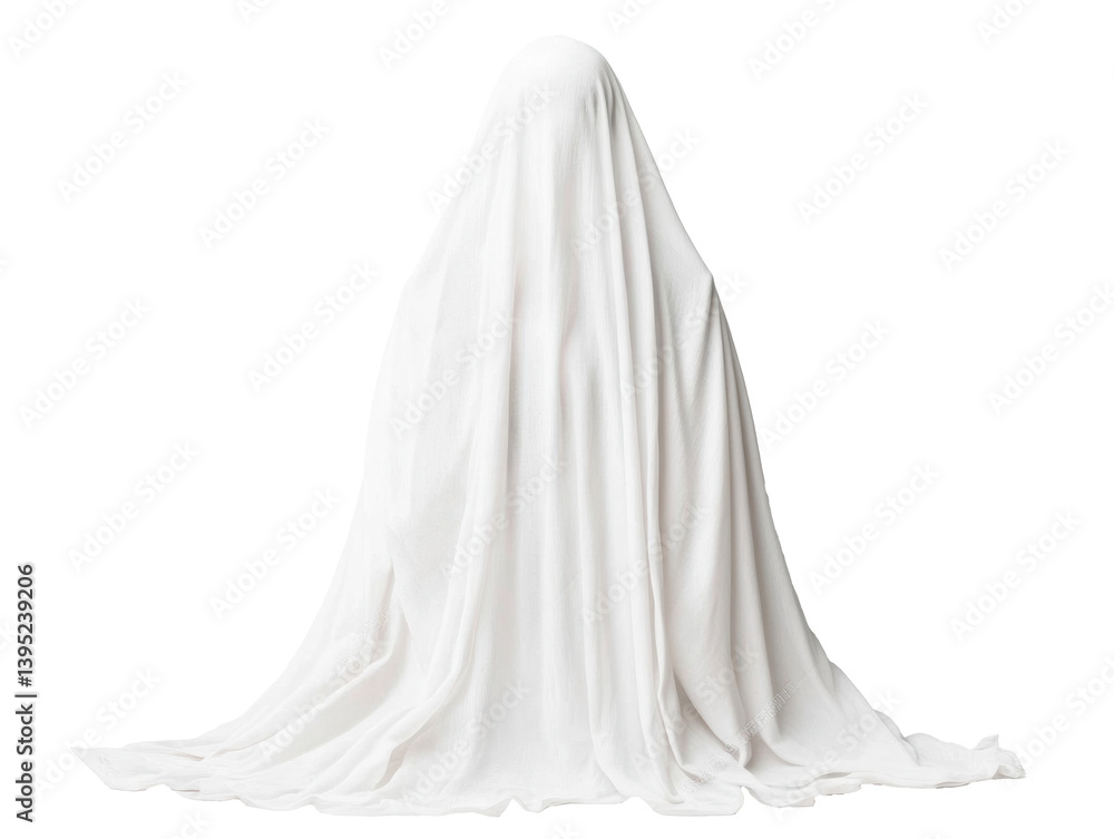 Ghostly figure draped in white fabric for Halloween decoration on a transparent background, cut out Ghostly figure draped in white fabric for Halloween decoration on a transparent background, cut out