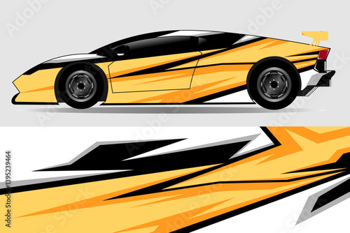 Stylish racing car with dynamic yellow and black graphics showcased on a minimalist background