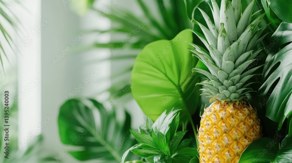 Fototapeta premium Fresh Pineapple with Green Tropical Leaves in Bright Interior Space