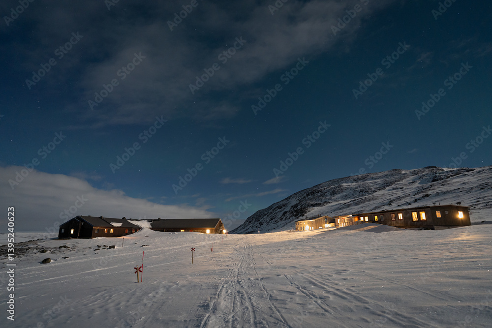 Sylarna Mountain station at night, in Jämtland, Sweden.