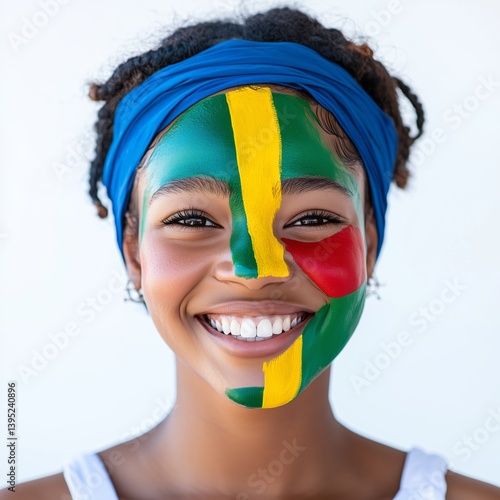 Smiling South African woman with vibrant face paint in green, yellow, blue and red of national flag, wearing a blue headband on clean white background