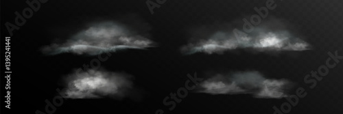 Realistic isolated cloud on transparent background. Vector set of realistic isolated fluffy cloud. Illustration of different types of cirrus and cumulus clouds. Vector