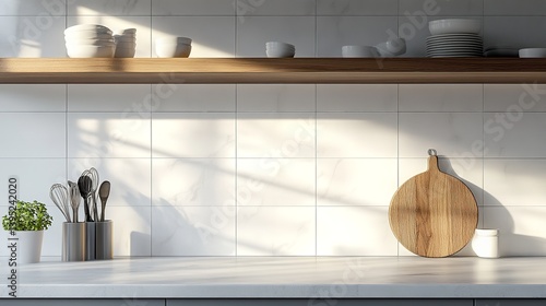 realistic 3d render close up blank empty space countertop in modern grey build in kitchen cabinet set for household products display with white ceramic wall tiles in background sunlight utensils