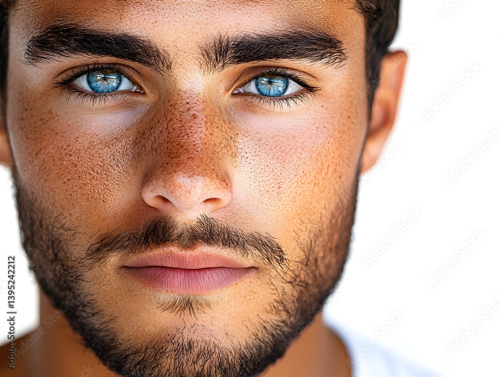 Obraz premium A young man with intense blue eyes and light freckles stares intently at the camera showcasing his facial features and stubble beard.