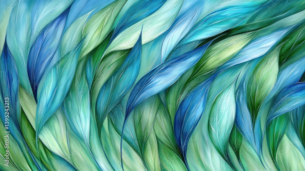 Abstract vibrant foliage in shades of blue and green. A swirling, layered pattern of stylized leaves