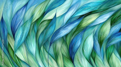 Obraz na płótnie Abstract vibrant foliage in shades of blue and green. A swirling, layered pattern of stylized leaves w salonie