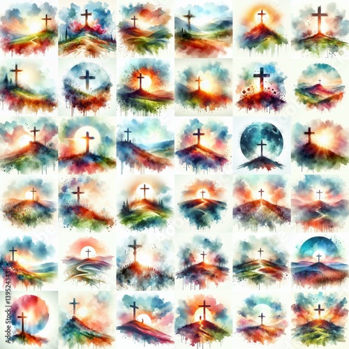Obraz na płótnie Cross on the hill. Watercolor drawing. AI generated illustration w salonie