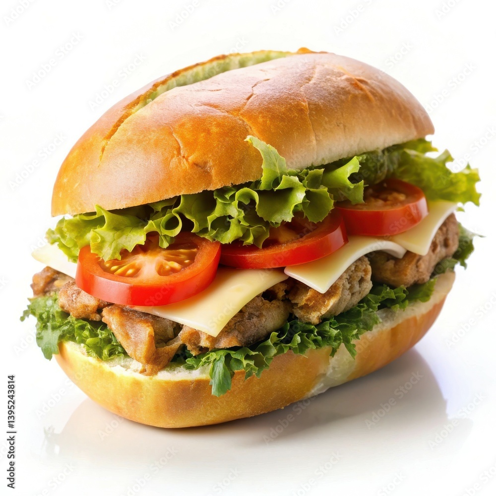 Juicy grilled chicken sub sandwich with lettuce tomato cheese in Juicy grilled chicken sub sandwich with lettuce tomato cheese in