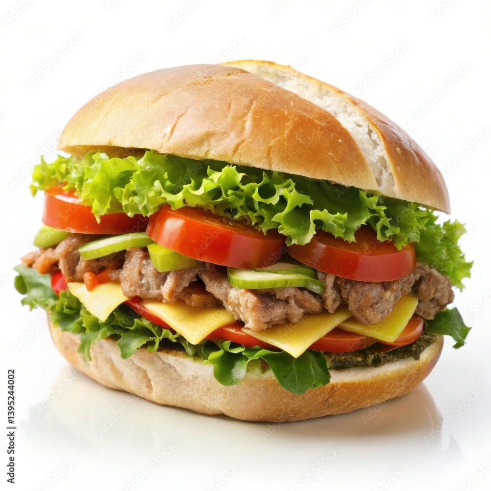 Juicy meat sandwich with fresh veggies cheese and a soft bun on white Juicy meat sandwich with fresh veggies cheese and a soft bun on white