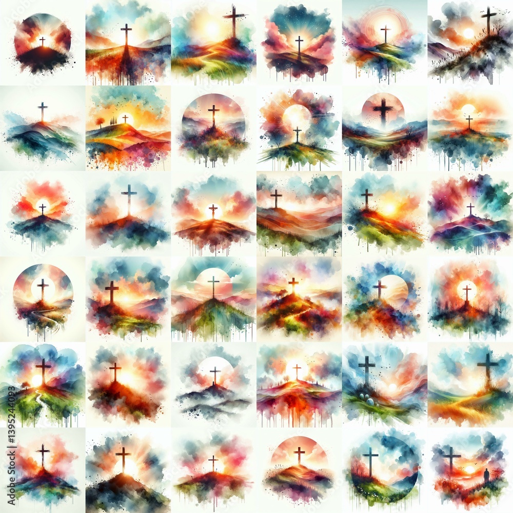 Cross on the hill. Watercolor drawing. AI generated illustration