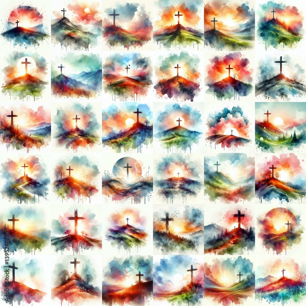 Cross on the hill. Watercolor drawing. AI generated illustration