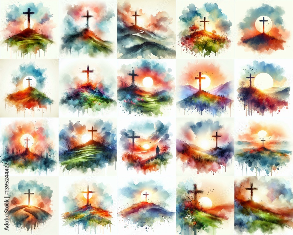 Cross on the hill. Watercolor drawing. AI generated illustration