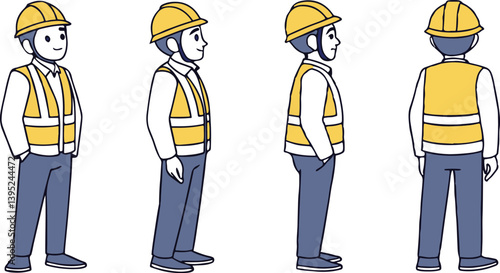 Four smiling construction workers in blue and yellow safety clothing