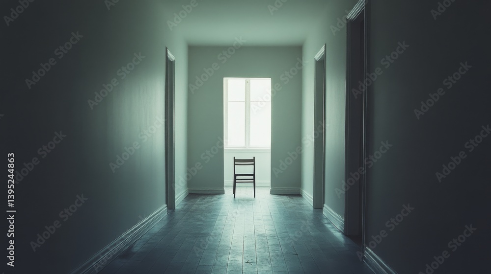 Fototapeta premium A solitary wooden chair in a dimly lit hallway evokes a sense of mystery and contemplation, with soft light streaming through a distant window.