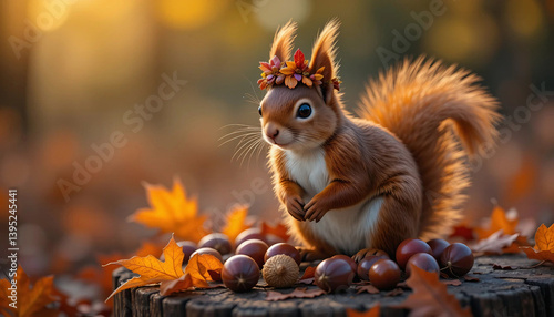 A red squirrel wearing a tiny crown made of autumn oak leaves
