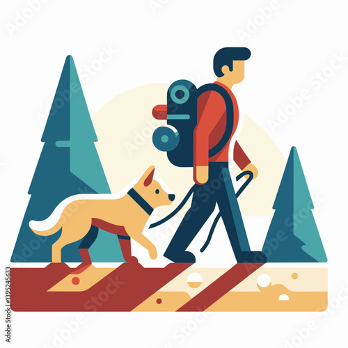 Hiking Adventure with Dog in Forest - Flat Illustration of Man and Pet Outdoors