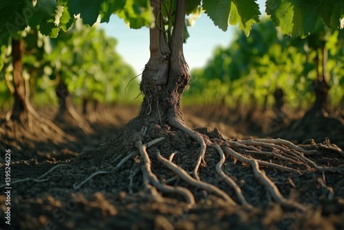 Fertile vineyard soil with vibrant roots of grapevines during growth season Generative AI