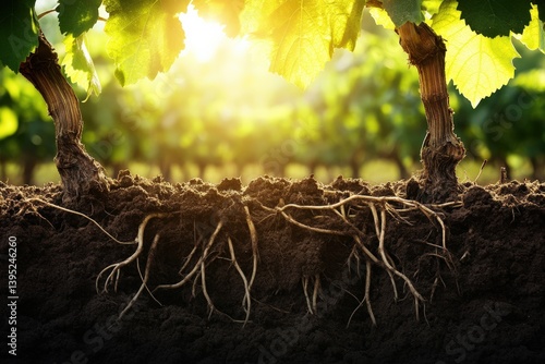 Fertile vineyard soil enriched with grapevine roots under sunlight Generative AI