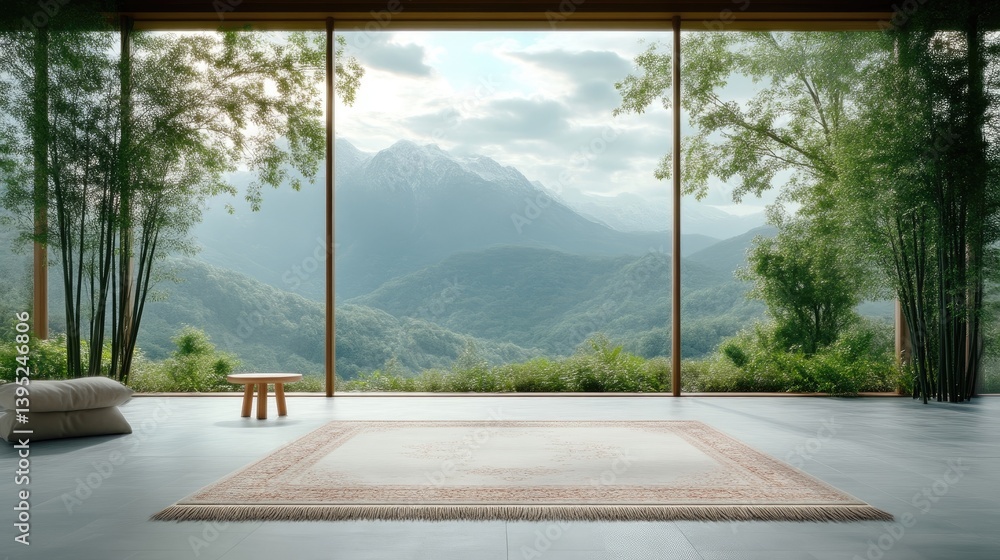 Tranquil mountain vista from modern open-plan living area with light beige carpet