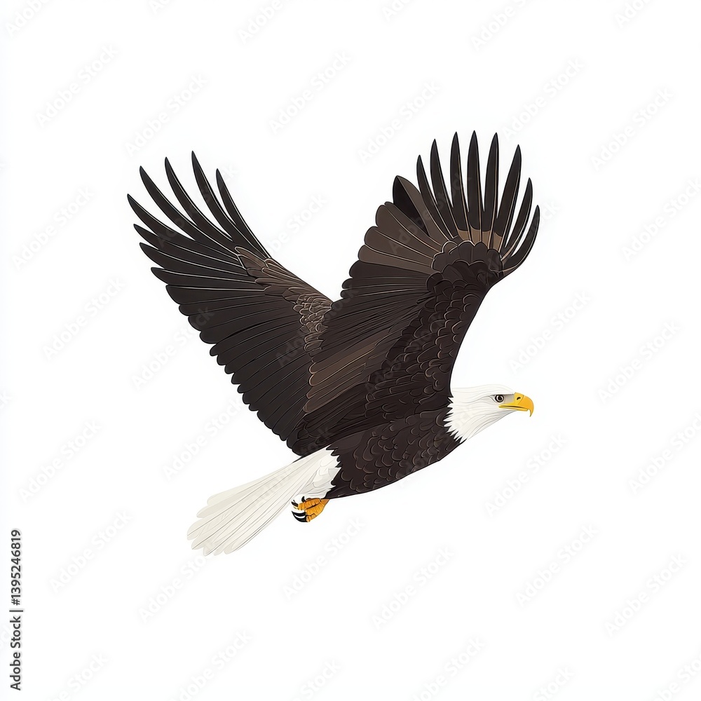 Fototapeta premium A dynamic eagle in flight clipart, bird element, realistic style, brown and white feathers, isolated on white background