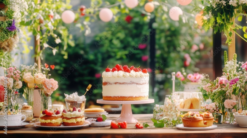 Delightful Outdoor Cake Display with Fresh Flowers and Decorations Delightful Outdoor Cake Display with Fresh Flowers and Decorations
